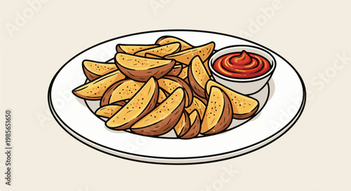 A plate of golden potato wedges served with a side of red dipping sauce