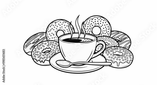 A steaming cup of coffee surrounded by a variety of sprinkled and glazed donuts