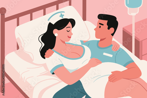 The Happiness of a Beautiful Female Nurse with a Handsome Male Patient at the Hospital Illustration Creative Design Template 