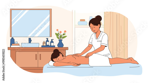 Professional therapist giving a relaxing back massage to a woman lying on a table in a clean and modern spa treatment room.