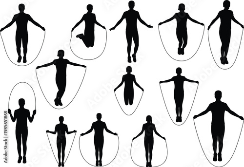 Jump rope exercise silhouettes, fitness workout poses, skipping rope training flat vector