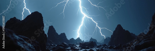 Dramatic lightning storm over rugged coastline during nighttime. Lightning illuminates dramatic rock formations, creating intense contrast against dark atmosphere.
