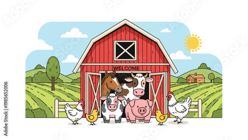 Group of cute domestic farm animals standing in front of a red wooden barn in a green countryside landscape with rolling hills.