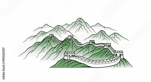 Stylized sketch of a winding fortification on green, misty mountain slopes