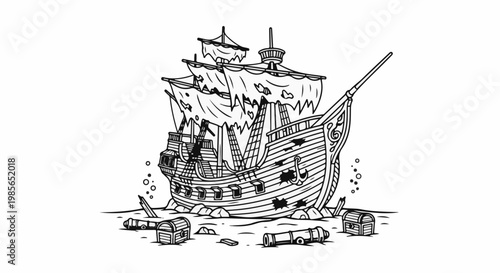 A damaged, old sailing ship lies aground on a sandy shore with treasure chests