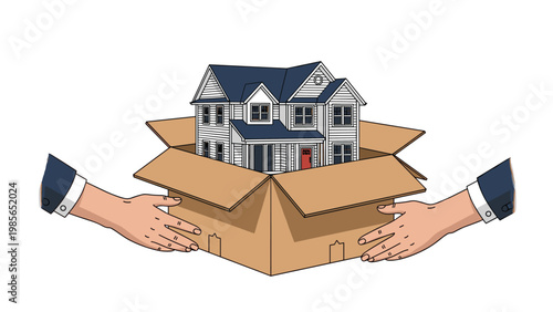 Human hands holding a cardboard box with a detailed model of a two story house inside representing moving and real estate.