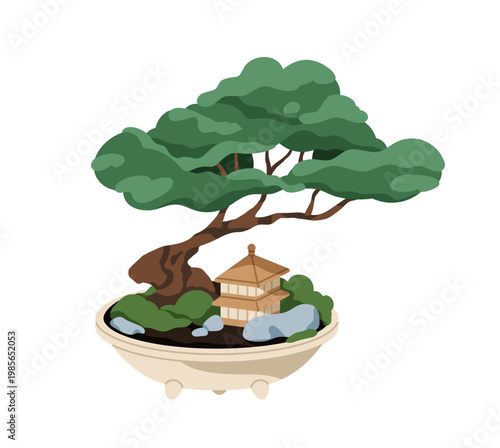 Bonsai tree and miniature pagoda house in pot. Saikei, Japanese landscape art...