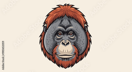 A detailed, stylized illustration of an orangutan's face with orange fur
