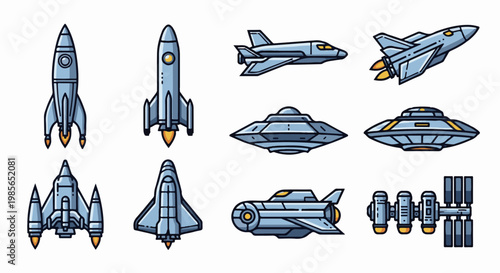Collection of colorful pixel art spacecraft including rockets, shuttles, and UFOs
