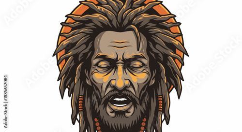 Stylized portrait of a tribal man with dreadlocks and tribal markings