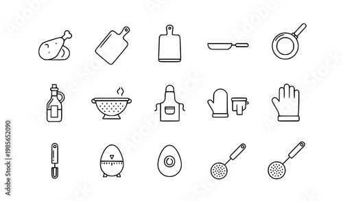 Minimal thin line kitchen cooking icons set with chicken leg pan apron and utensils outline vector