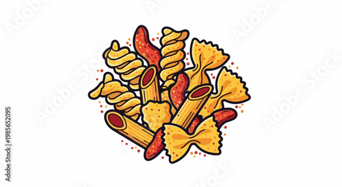 Colorful cartoon illustration of assorted pasta shapes with dots