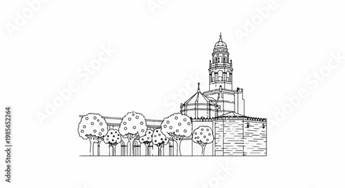 Black and white sketch of a grand building with a tower and surrounding trees