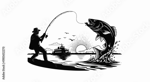 Silhouette of angler catches leaping fish with sun, ship, and birds