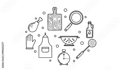 Hand drawn thin line kitchen icons set with cooking tools and food elements outline vector collection