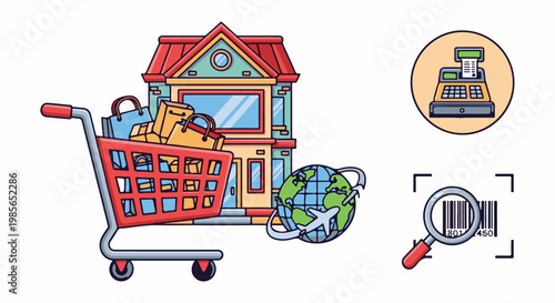 Shopping cart full of bags in front of a store, with globe, cash register, and barcode