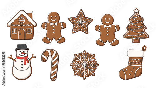 Assorted christmas gingerbread cookies including characters, a house, and holiday shapes isolated on a white background.
