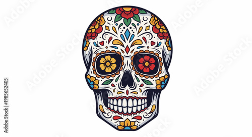 Festive sugar skull with colorful floral patterns and intricate details