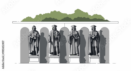 Four historical figures in academic robes stand in arched niches