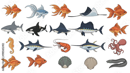 Large collection of various marine animals including sharks, rays, tropical fish, and an octopus on a plain white background.