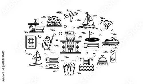 Modern outline travel icon set in circular layout with airport hotel beach and leisure elements vector