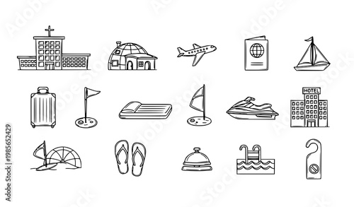 Hand drawn thin line travel icons set with airport hotel beach and vacation leisure elements vector collection
