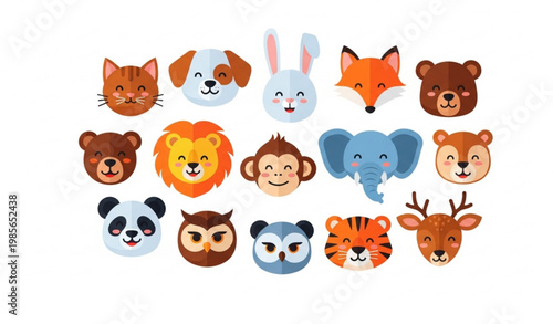 Cute animal face collection with cartoon heads and funny expressions vector