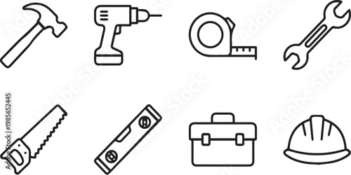 Minimalist construction tool icons, set of 8 outline vector elements, professional hardware and carpentry equipment for home repair and diy projects