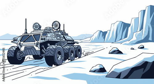 Futuristic six-wheeled vehicle navigates icy, rocky terrain with mountains afar