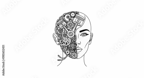 Half human, half mechanical head with pistons and gears visible