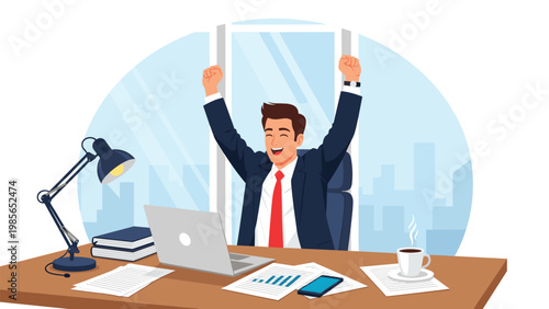 Happy businessman celebrating a successful deal or project at his office desk with his arms raised in a gesture of victory.
