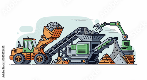 Industrial machinery processes rocks and gravel with loaders and crushers