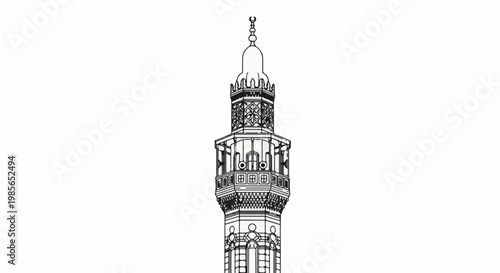 Ornate, tall, Islamic minaret with intricate architectural details, against white