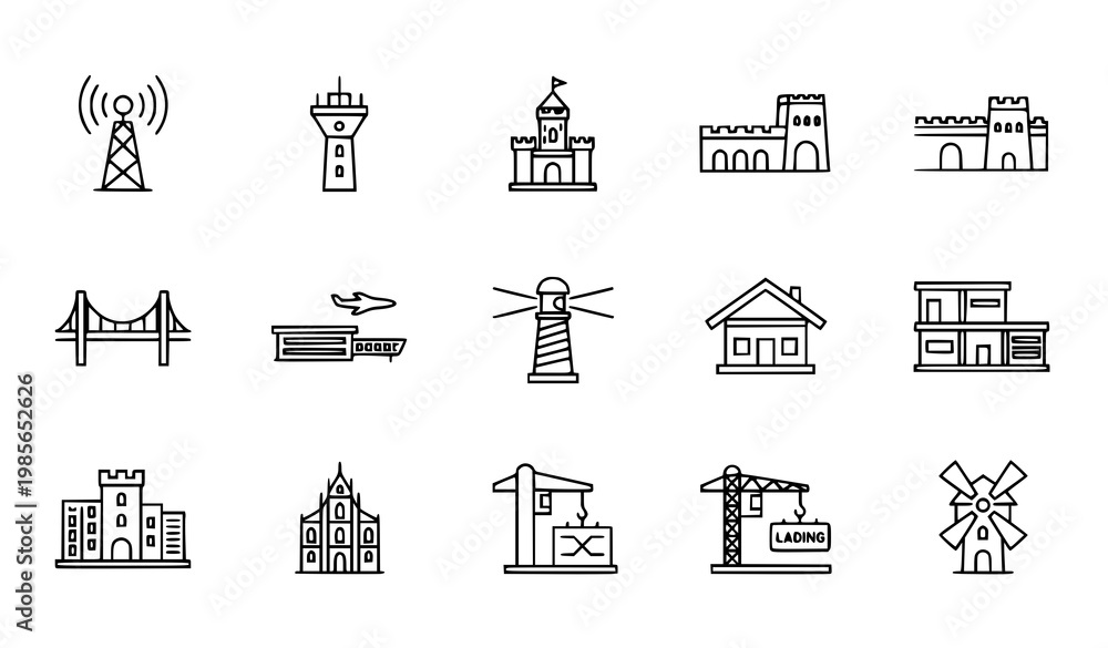 Obraz premium Minimal thin line architecture and infrastructure icons set with landmarks buildings and construction elements vector