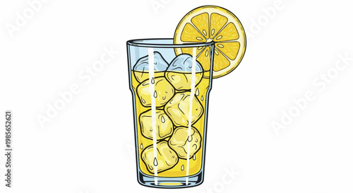 Refreshing glass of yellow drink with ice cubes and lemon slice