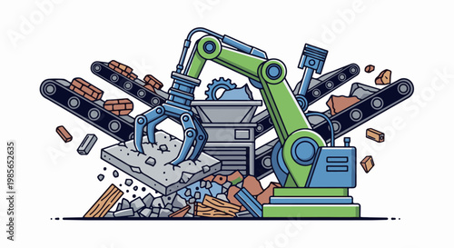 Robotic arm and conveyor belts processing debris from construction