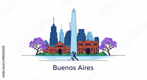 Iconic skyline with jacaranda trees, historic buildings, and tango dancers