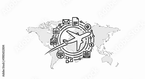 Global network of air travel and communication with business icons
