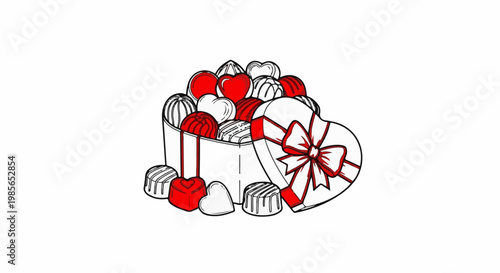 Heart-shaped box overflowing with assorted chocolates and a red ribbon bow