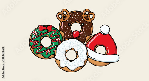 Festive donuts decorated as a reindeer, candy cane, snowy, and Santa's hat