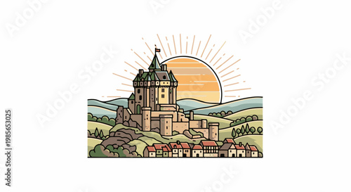 Rustic castle on a hill with sun rays and small village below