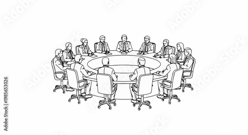 Diverse group in business attire gathered around a large oval table for discussion