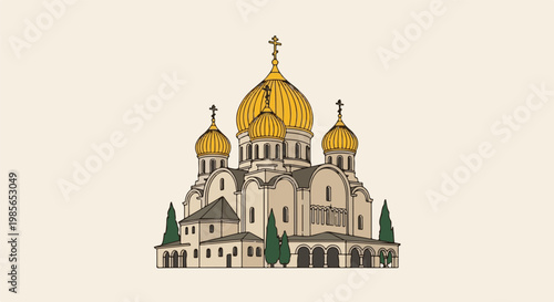 Detailed illustration of a grand cathedral with golden domes, against a plain background