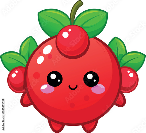 Cute cartoon cherry with leaves and small arms happy face smiling.