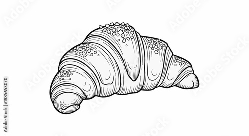Detailed black and white line art illustration of a croissant with sprinkled toppings