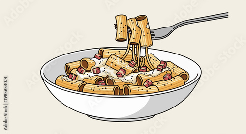 Delicious rigatoni pasta with creamy sauce and cubed meat in a white bowl