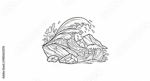 Crashing waves and rocks in a dramatic line art illustration