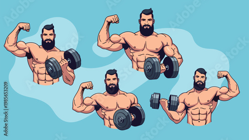 Group of strong muscular men with beards demonstrating their strength by flexing biceps and lifting heavy dumbbells during a workout.