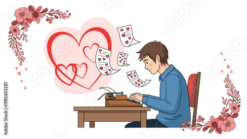 Romantic man sitting at a desk focused on typing love letters on a vintage typewriter with floating heart shapes and floral borders.