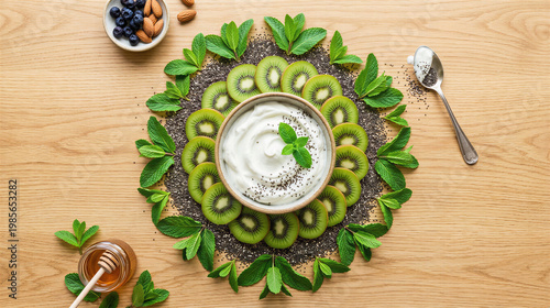 Creative kiwi skyr bowl arrangement on wooden table with natural ingredients. Concept of healthy eating, balanced nutrition, and clean lifestyle food composition.
